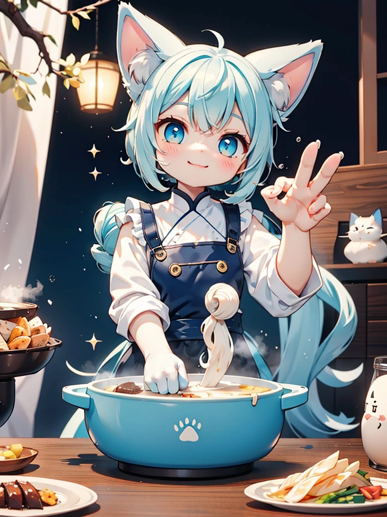 Siamese cat、kitten、 white and gray body hair cutting through meat、 paw paw in the forefoot that is being prepared、smile、 cyan blue apron on the table、 hot pot dishes、