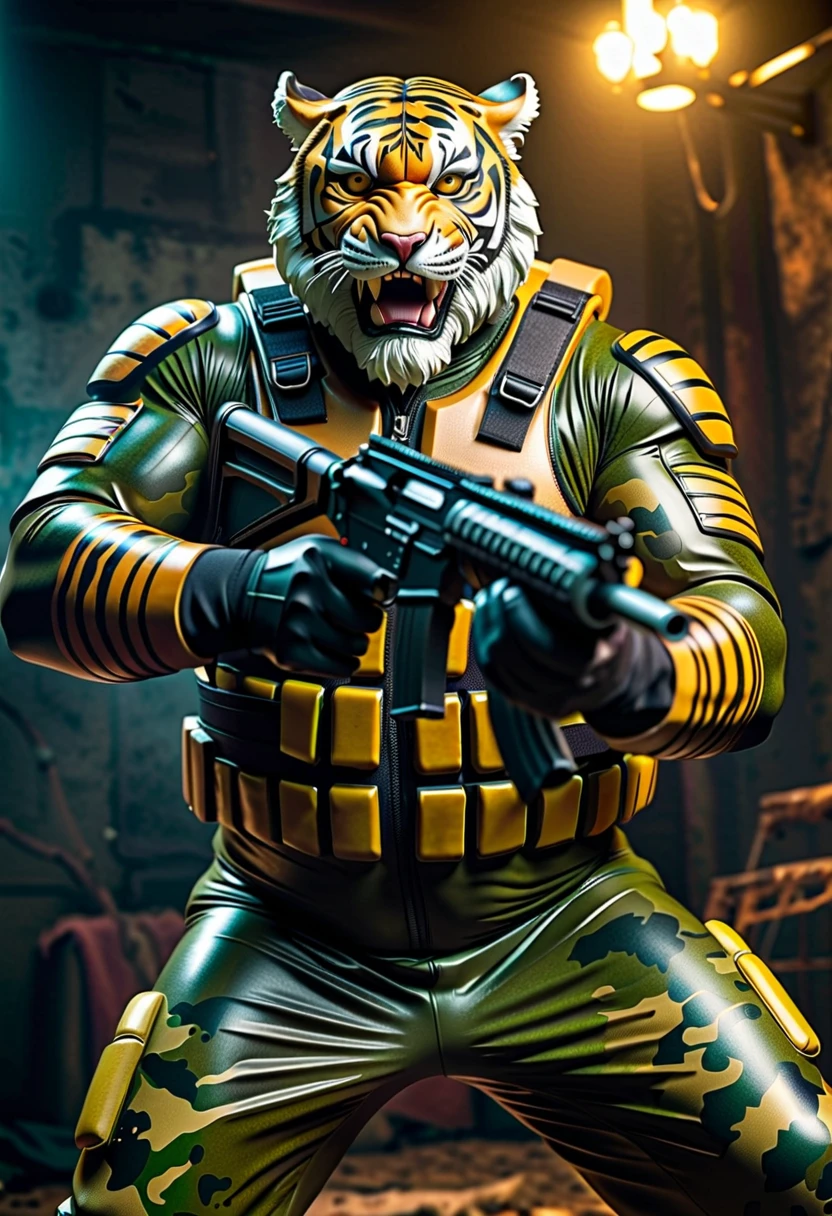 (a dark-skinned bearded fat muscular old man in a skintight army camouflage zipper diver suit) holding a gun, (wearing a small-sized realistic roaring tiger mask), dynamic action pose, fierce expression, showcasing an imposing stature, surrounded by military elements, dramatic shadows and intense highlights, cinematic color tones, high detail, powerful, art influenced by Bruce Onobrakpeya and Stanley Artgerm, ultra-detailed, best quality image, action-packed atmosphere. thumbs up pose