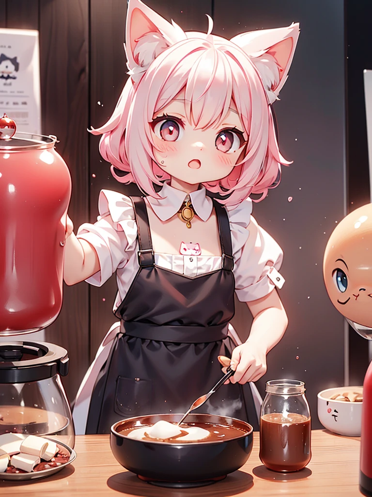 Siamese cat、kitten、 white and gray body hair cutting through meat、 is brewing coffee、LOL、 pink apron 、 collar with a red bell、Canned food on the table、