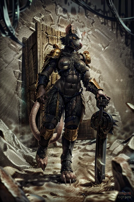 solo,anthro, rat, rodent, skaven, fluffy, safe, rat tail, hairy, warhammer fantasy, vermintide, front view, black body:1.3,masterpiece,highly detailed,8k resolution,solo,ultra detailed perfect piece,masterpiece,extremely detailed CG 8k,very fine 8K CG,best quality,absurdres,zoomed out view,full body view, full length portrait,((anthro)), 8k, 4k, 2k, detailed, intricate, (female), ((solo)), ((detailed fur)),Perfect Anatomy

Detailed background,a bright but desert likd wasteland in a battle field, in control of other skaven,zoomed out full body view,must be bright colors to see

Character a very tall Skaven female giantess standing at over 12ft tall being a towering figure being taller then a house,D cups,thick thighs,feminine massively over-muscled phyique with abs,muscular arms,muscular legs,short white hair in a bob cut,thick messy fur on the body,dark black fur only,golden yellow eyes,one one long pink rat tail,a pink nose on her snout,sharp fanged teeth on the muzzle,hands and feet being pink and rat like paws like with long and sharp claws for, she is smiling and confidently

She wears nothing but a space marine’s armor but with no helmet or gloves or boots,the armor is scavanged up and themed to fit for a skaven as a scavanged and forced to fit for a top and bottoms,the armor has an energy shield powered by the green glow of warpstone, the armor is black with the main color,red with the secondary colors, with gold and silver timmings

She has a Modified Storm Bolter in her left hand, a powerful flamethrower, and in her right hand lightning-infused blue steel axe with a blue lighting glow to it,with her armor having a green glowing rocks in it due to green rocks being embeded into the chest, stomach and shoulder armor areas

Must have black fur,as in jet black color for a pure black coat of fur,but not white fur with Space Marine themed armor

Also no watermarks at all

by personalami, by zephyxus, by darkgem, by null-ghost, skaven, MFBP1, Warhammer 40K