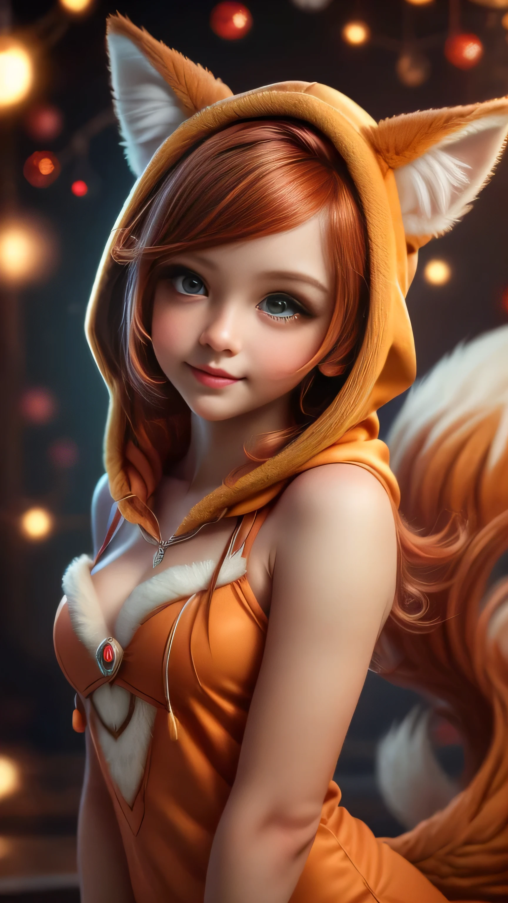 (Best Quality, Super Detail, Masterpiece, Representative Work, Official Art, Professional, Super Fine Detail, 8k:1.3), (Full Body) Cute girly face, red hair, ((brown)) eyes, 1 girl 25 years old, fox costume, hood, fox tail, furry, girl in furry costume, Vivid colors, Red hair, Innocent expression, Playful features, Christmas background, Natural Lighting, Soft background, Photorealistic, Sparkling eyes, Sharp focus, Glowing skin, Cute and mischievous look, Hint of mischief, Dreamy atmosphere, Delicate details, Soft ambient light, (Backlight:1.3), (Cinematic:1.2), Intricate details, (ArtStation:1.3)