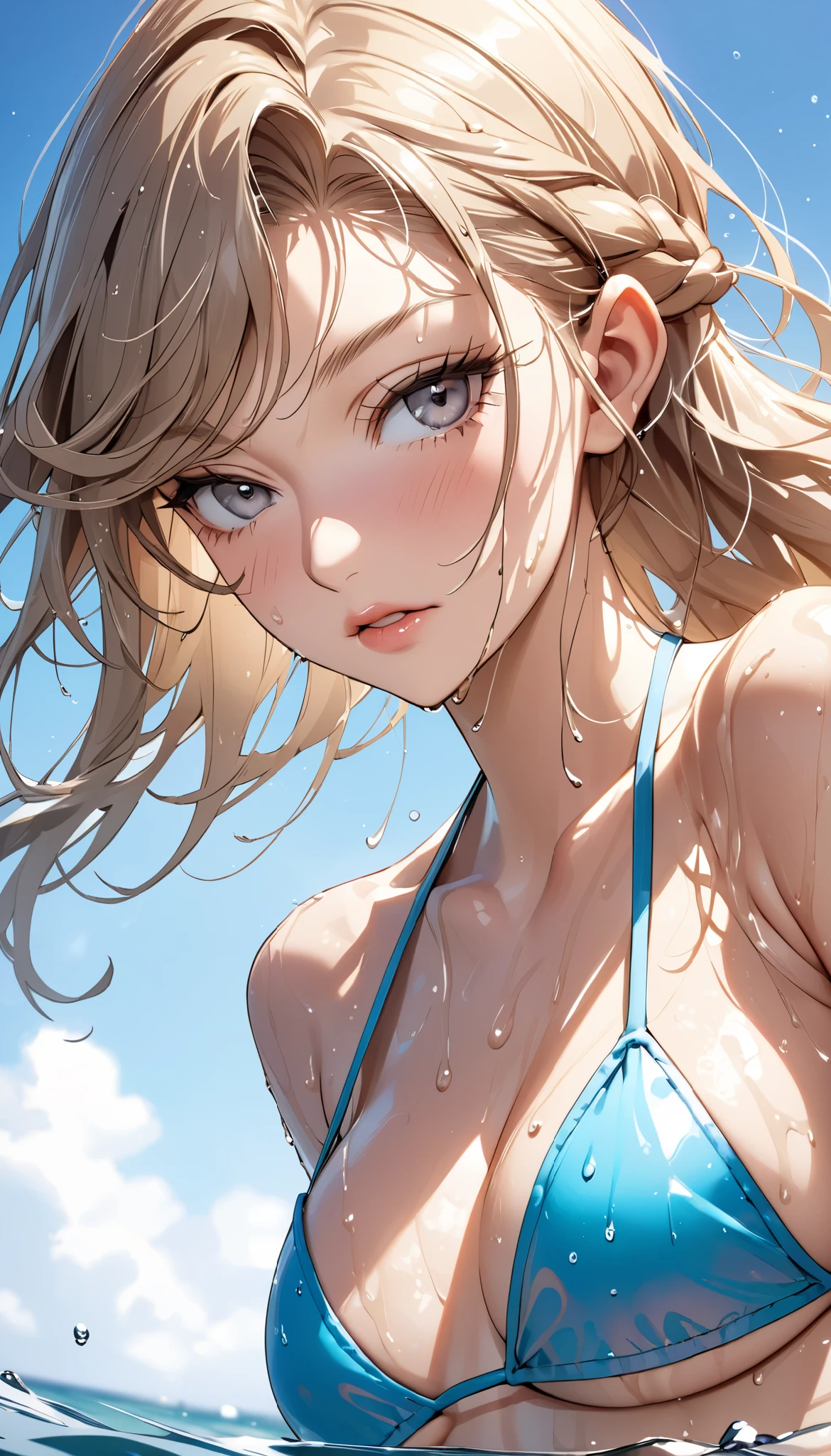 Highest quality, Soft Light, (Written boundary depth) ,Ultra-high resolution, (Realistic:1.4), RAW Photos, (from before) 1 girl, alone, cute, (Blue eyes), 金hair, Brown skin, Sunburn, sexy, lure, Beautiful face in every detail, (long_hair ), (bikini:1.4) , Embarrassing ,マイクロbikini ,Beach, beach , Highly exposed, Wet Skin , Pink Cheeks, , 