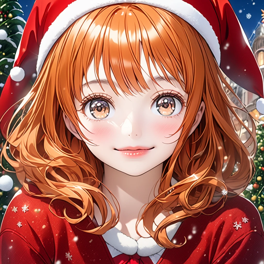 Multiple exposure, masterpiece: 1.2, highest quality, high resolution, 16k, beautifully detailed, surreal, photorealistic: 1.37, one beautiful and cute girl, snowflakes, growing brown eyes, orange hair , Shining eyes, glossy rosy lips, beautiful and delicate (hair, face, eyes, eyes, Santa Claus costume, bright expression, big smile), full body image, Christmas tree, One Piece Nami, Eiichiro Oda,