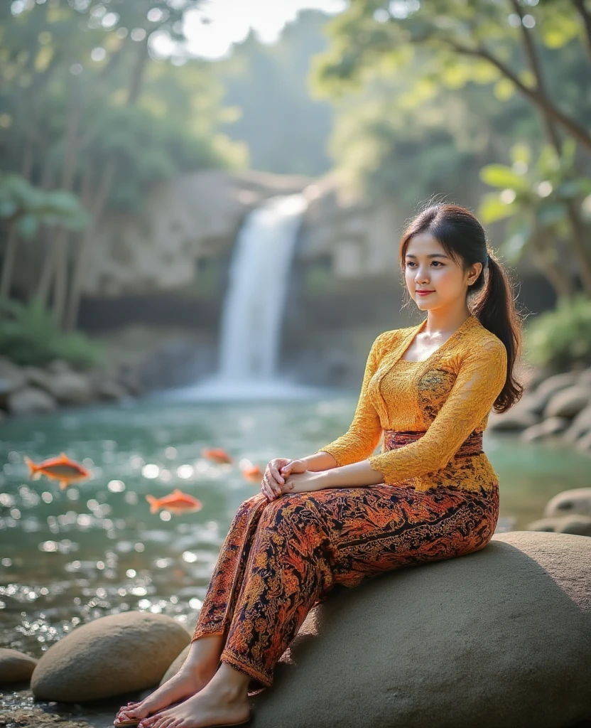 Indonesian girl sitting on a large rock next to a beautiful flowing waterfall and a river full of swimming fish