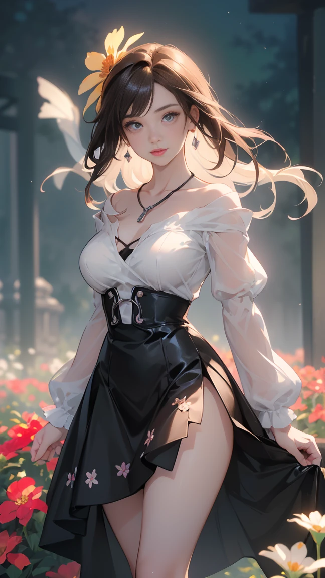 (((masterpiece, of the highest quality, super detailed))), (a witch belonging to an occult order of knights), (a knight crossed with a witch), Victorian era inspired, ((minimal but intricate beautiful armour)), (Fluttering lace flared dress with frilly petticoats), ((Bloodbourne inspired)), (big forhead:1.2), (((dark hair, ponytail, thick ponytail, heavy ponytail))), (((Very sharp focused eyes))), (small breasts), very long eyelashes, occult aesthetic, (red and white clothing detailed and intricate steampunk and detailed gothic), (with a hood), complex lace boots,