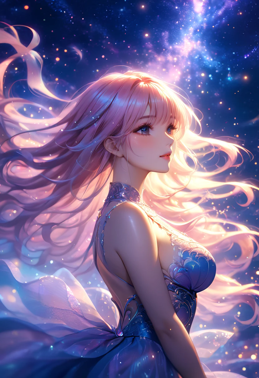 anime,  girl ,  Beautiful,  sexy, Charming,  curvy hair ,  side view,  background Starry sky Very beautiful, bright details, Stars fall , magic, fantasy, Fantasy, 8 k,  intricate details,  masterpiece fails,  maximum quality,  better quality , 