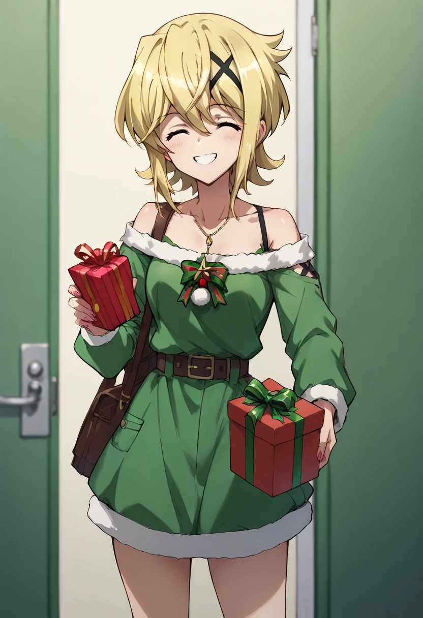 Akatsuki Kirika,closed eyes,smile, holding a present both hands,christmas costume,simple green&red christmas costume,Off-Shoulder,green & red dress,standing 