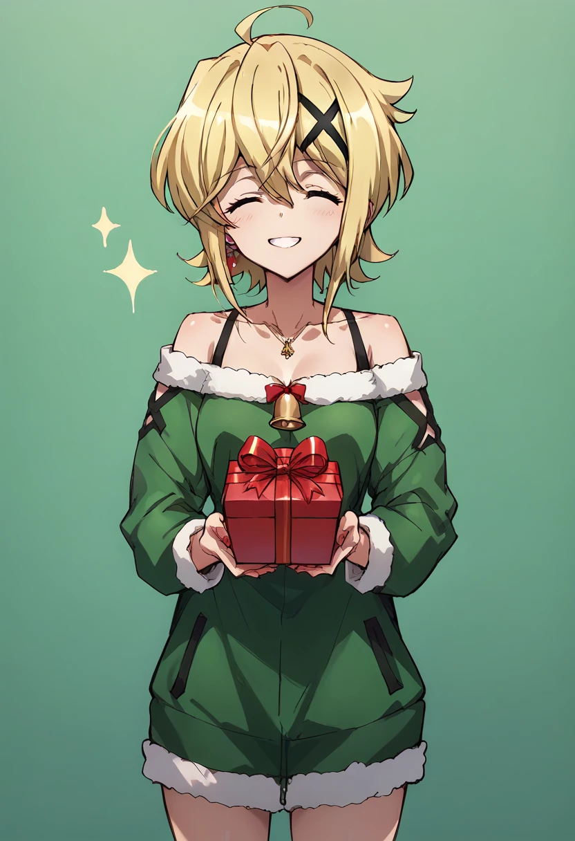 Akatsuki Kirika,closed eyes,smile, holding a present both hands,christmas costume,simple green&red christmas costume,Off-Shoulder,green & red dress,standing 