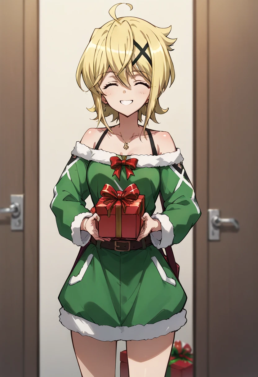 Akatsuki Kirika,closed eyes,smile, holding a present both hands,christmas costume,simple green&red christmas costume,Off-Shoulder,green & red dress,standing 