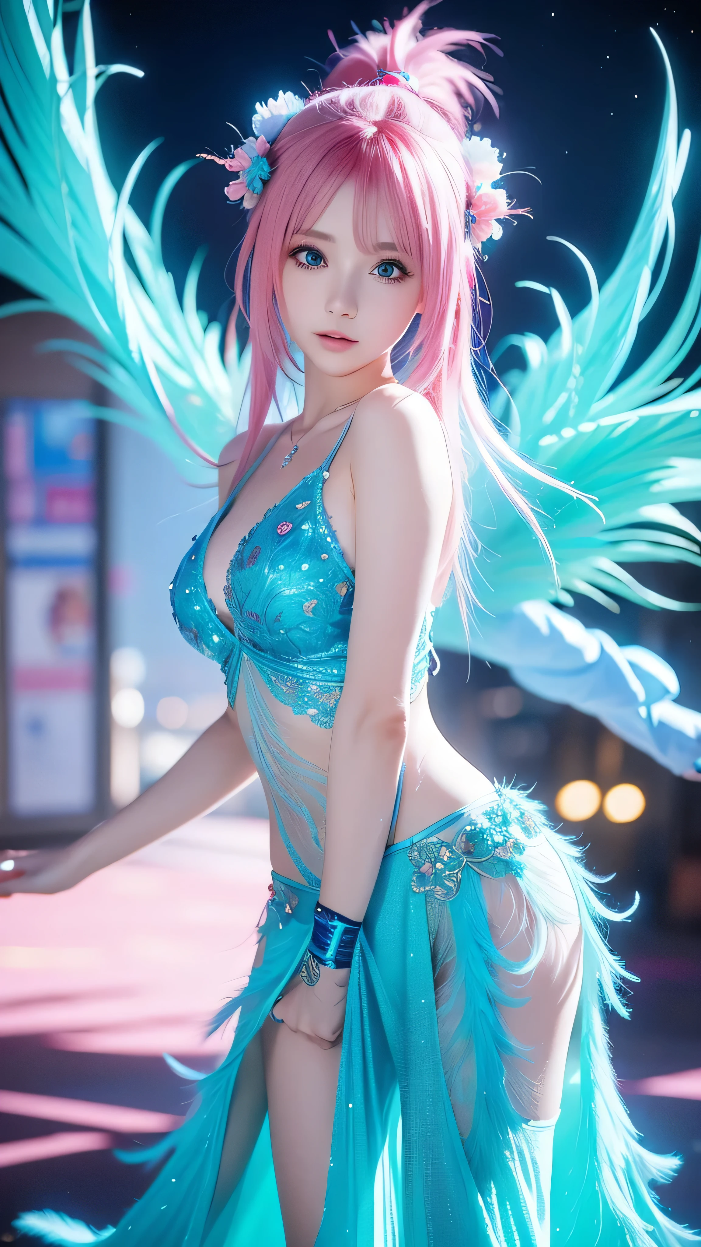 Girl with blue and pink hair and peacock feathers,  anime style .8k,  anime style  3D, Popular on cgstation, 8k high quality detail art,  Gouvez style artwork, Fantasy art style,  realistic anime 3d style ,  anime inspiration ,  anime style  mixed with Fujifilm