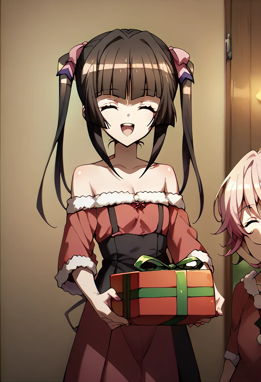 Shirabe Tsukuyomi,closed eyes,open mouth,big smile, holding a present with both hands,christmas costume,simple pink&black christmas costume,Off-Shoulder, pink&black dress ,standing 