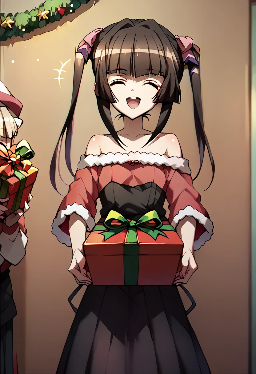 Shirabe Tsukuyomi,closed eyes,open mouth,big smile, holding a present with both hands,christmas costume,simple pink&black christmas costume,Off-Shoulder, pink&black dress ,standing 