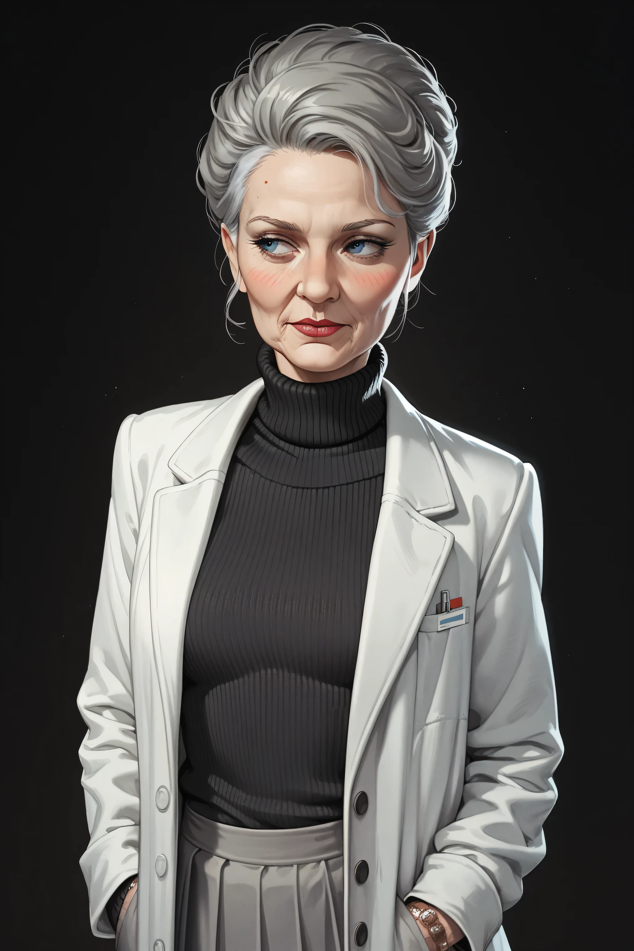 score_9, score_8_up, score_7_up, elderly, woman, gray hair,, intelligent, lab coat, hands in pockets, black high neck sweater, gray skirt, looking to side, blushing, carrie underwood