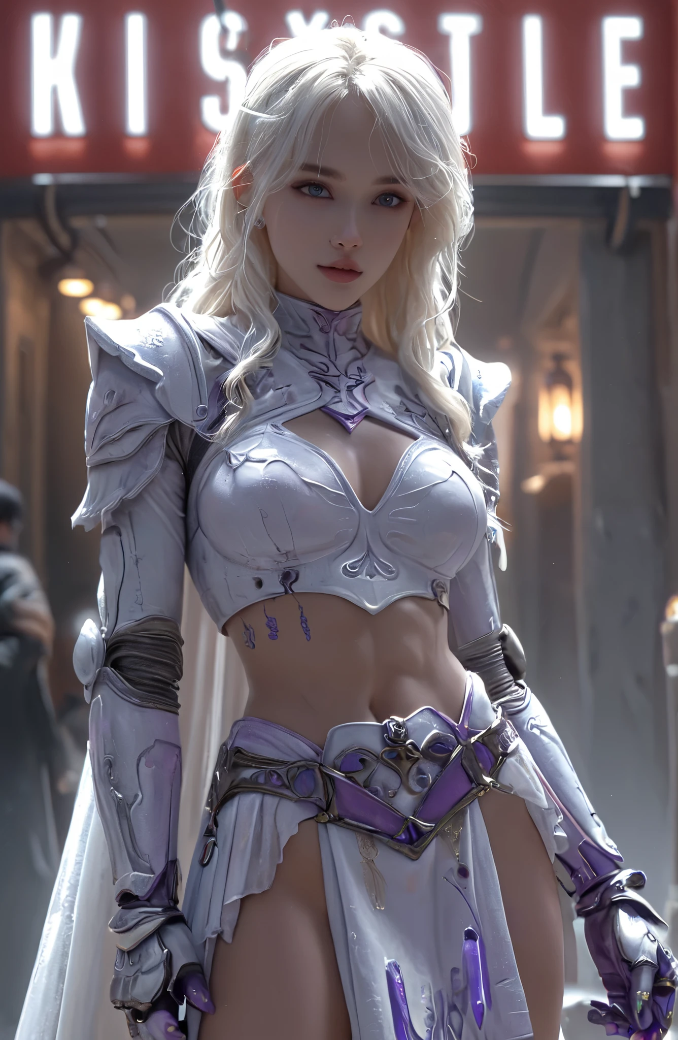 8K,Super beautiful elf with short blonde bob hair、Super Beauty(Like the real thing),An Arafed woman in purple and black holding a silver and purple bow、超詳細なFantasy Characters、3DレンダリングCharacter Art,blue eyes、artgerm;3D Unreal Engine、Fantasy Costume,Detail Fantasy、Stunning Armor、Fantasy Characters、見事なCharacter Art、Enchantingなメスマー女性、Gorgeous Female Paladin、Ultra-high resolution、Ultra-Realistic Skin、Beautiful expression、Sexy appearance、Enchanting、Beautiful small breasts,Rich colors、Backlight、Cinema Lighting、Film Grain、50mm lens、Nikon D850、Ultra-high resolution、Ultra-realistic fantasy art,Character Art、Dynamic fighting poses、In a dimly lit dungeon、Makeup、Elf Ears,Very muscular and slim body,Very very strong abs,Silver hair ornament(one point),Purple and black combat trousers,