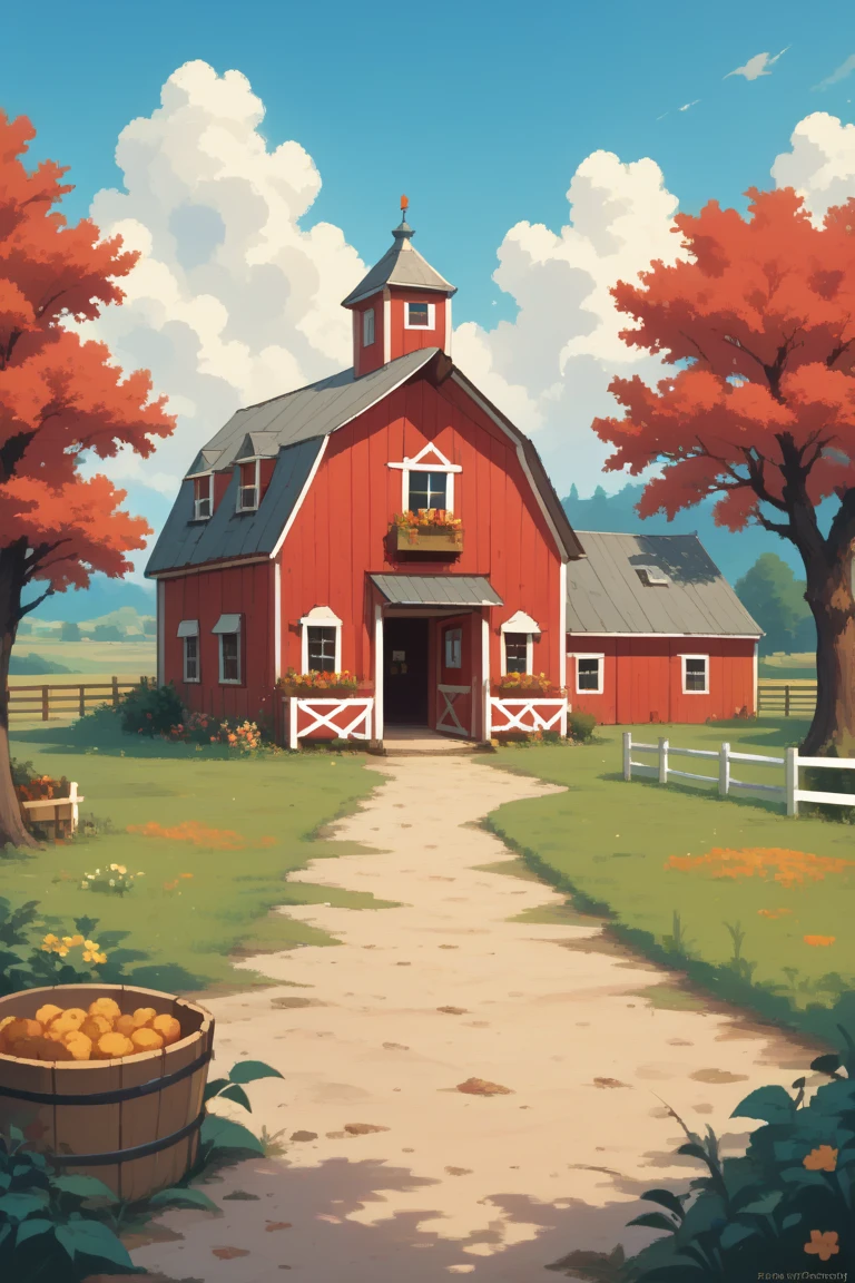 A painting of a farm with a red barn and a chicken on the ground.