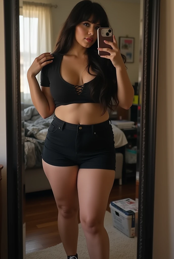 Beautiful teenage Asian woman, long black straight hair, tall, very wide hips, extremely big legs, very thick and strong thighs, wearing tight shorts, and crop top shirt, talking selfie in mirror