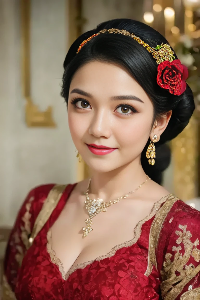 photography, woman,  portrait of java wedding woman in red long kebaya dress traditional, pakai selendang putih di leher , red lipstick, golden necklace, earrings, ornate, detail, flowers, blurry background, soft focus 