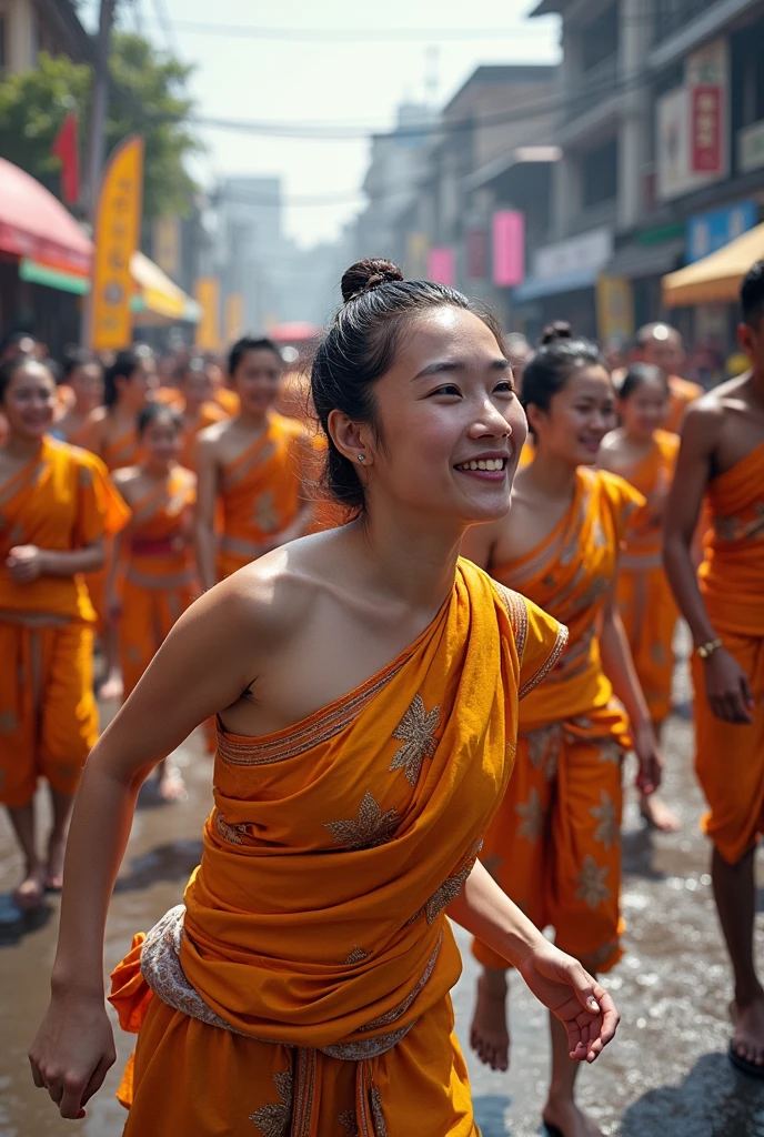 A middle -aged Asian woman, dancing, opening her chest, looking straight, smiling, shoulder hair, glasses on her head, original (best quality, 4k, 8k, highres, masterpieces: 1.2), Super Chi Tiet, (reality, optical, photos, photos- reality: 1.37), focus sharp, vivid colors, professional colors
