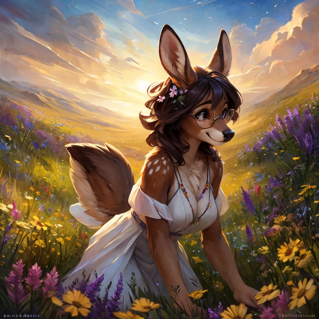 uploaded on e621, watercolor look, by Pixelsketcher, by Bayard Wu, by Thomas Benjamin Kennington , by Einshelm, by hioshiru and kenket, Chunie, portrait, solo anthro female deer doe, with small featureless breasts, clear dark blue, cinematic lighting, day, sunny day, lavender field, stays in a wildflowers field, wildflowers field background, mediterranean background, horizon background, shiny, short curly dark brown hair, wears big black nerd glasses, very very beautiful furry art, furry art, smiling, joyful, shiny, happy, feminine, cute face, muzzle, fluffy chest, flawless face, Fallow deer, 1girl, Sakimichan is beautiful, Masterpiece, Wavethesallow Face, shiny, Detailed image, portrait, Detailed image, portrait, full body, wears pure white short spaghetti straps dress, wears a wildflowers crown, shiny, realistic face, perfect anatomy, hourglass body, (furry body:1.1), anthropomorphic deer, looks at the viewer, small fluffy tail, detailed background, (cute anatomy:1.1), stands in a wildflowers field