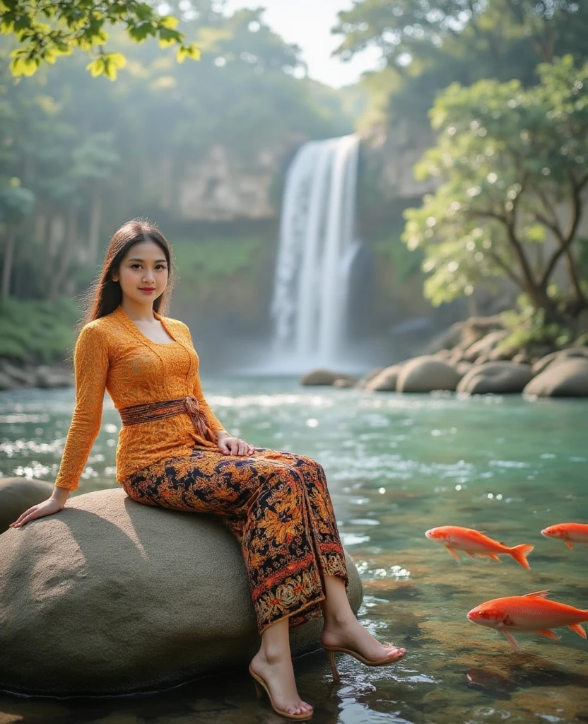 Indonesian girl sitting on a large rock next to a beautiful flowing waterfall and a river full of swimming fish