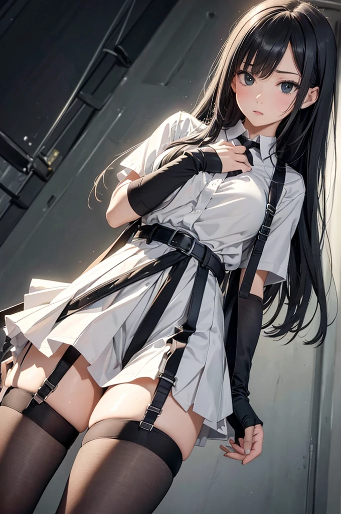  High Quality , masterpiece,  super high res, ( realism : 1.4),  oil painting style ,  movie lighting, ,  I stood on an empty asphalt road and watched it.., and、flying crane suspenders 　　 Big Breasts　 　 　　　　 small face 　 　　　　　　　　　　  bed in a hotel　 looks up　　　　sweat 　　　belt　buzzer　脇sweat 　 black hole gloves 　suit　　　　  miniskirt　garterbelt　Foot Link　ズボンのbelt　　　 　　 place hands on back 　  uneasy expression　 looks up　 uneasy expression　Knee-length　 knee socks　Knee-length socks garter belt　garter　Garterbelt on thighs,  place hands on back 　　restrict　handcuffs　Cable ties　Cable ties on thumbs
