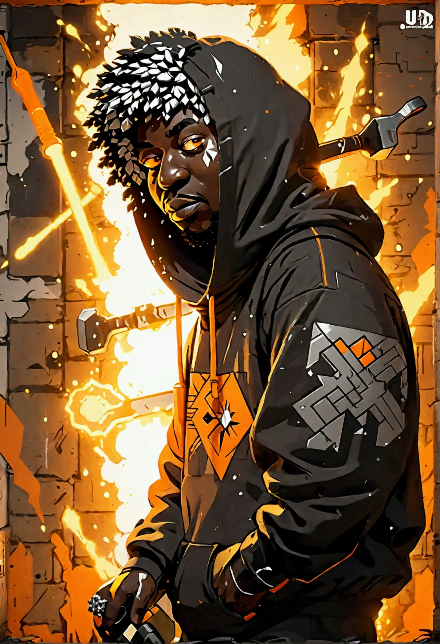 obi Arisukwu's art style full body illustration of a worker in silhouette, hammers and diamonds, wearing a hoodie hip hop clothing & orange home depot apron, glowing eyes, home depot store, graffiti, vector, logo design, minimalistic design, well-defined lines, perfectly drawn, rtx, UHD, cell shading, 32k, ray tracing, cartoon, realistic, unreal engine 5, octane render, shaders, 3d,
