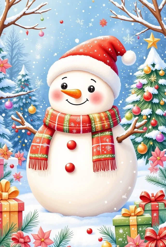 A snowman wearing a Christmas hat and a red green scarf, and with a christmas tree,the most detailed, with light fur that is cuteshort hair, white background, concept playlist style, 3D illusion, digital manipulation, creative commons attribute, poet core