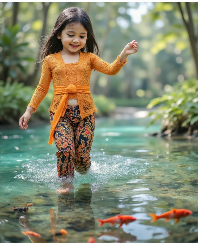 An Indonesian girl plays in the water in a river that is clear and filled with swimming fish