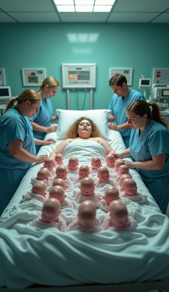 n a futuristic, highly mechanized facility, thousands of child-printing machines line up in precise rows, each glowing with advanced technology. These machines, resembling a blend of incubators and 3D printers, are actively “printing” babies of various races and ethnicities, representing the diversity of humanity. As the babies emerge, they are cradled by robotic arms, carefully placing them in soft, nurturing environments. The facility’s walls are adorned with screens displaying genetic codes and global maps, symbolizing the merging of science and culture. The scene is both awe-inspiring and thought-provoking, highlighting a world where technology has reached the ultimate frontier—creating life itself in all its beautiful diversity. The vibrant colors and intricate details of the newborns, each unique yet equal, emphasize the theme of unity and the celebration of human variety.
