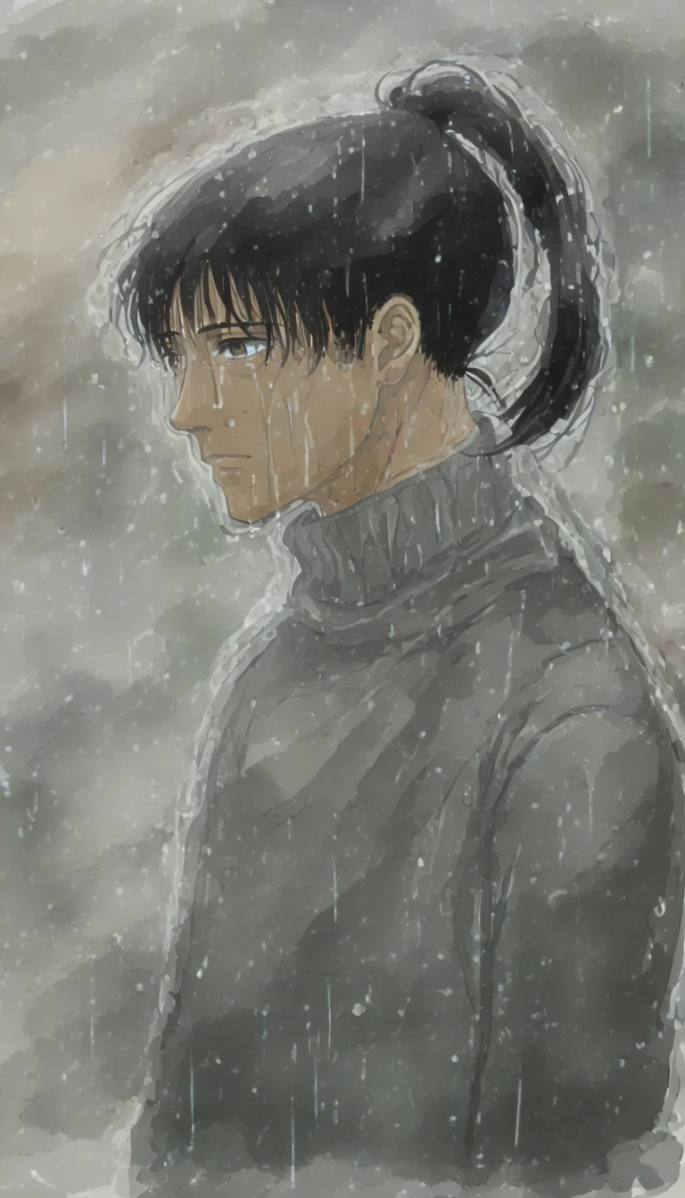 watercolor painting of a man in the rain . foto de  Full body  del hombre empapado por la lluvia.  tilts his head up to face the rain,  rainwater flows down his face . he is walking on the street ,  brushstrokes of watercolor painting style .  The sky is dark , ( Detailed ), (((normal boy))), (( Black hair rizado  ponytail hairstyle )), (( ponytail hairstyle )), (calm face), ((brown boots)), ((( Full body ))), ((male)), (((grey turtleneck sweater))), ((solo una persona)), ((brown eyes)), (( Black hair)), ((human))