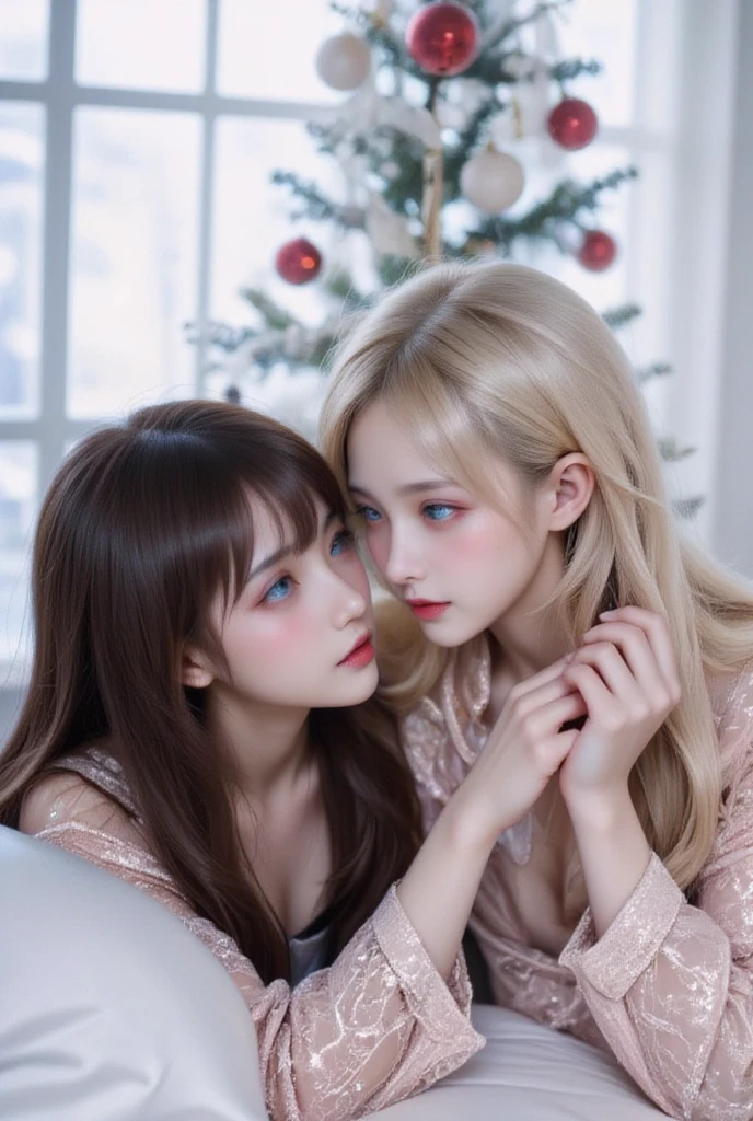 couple of Korean women hugging each other looking into each other's eyes Beautiful white-skinned Korean woman with fleshy blue lips ,long straight chocolate hair with bangs Korean woman ,long blonde hair with blonde stripes , delicate face , light skin shiny texture , brown eyes, long eyelashes both wear emerald PINK lace clothing She is on top of her lying on a white bed In an elegant house you can see a tree with red and white Christmas decorations during the day outside the window you can see the snow falling
