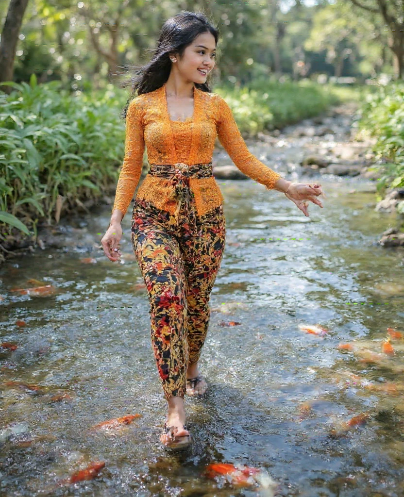 An Indonesian girl plays in the water in a river that is clear and filled with swimming fish