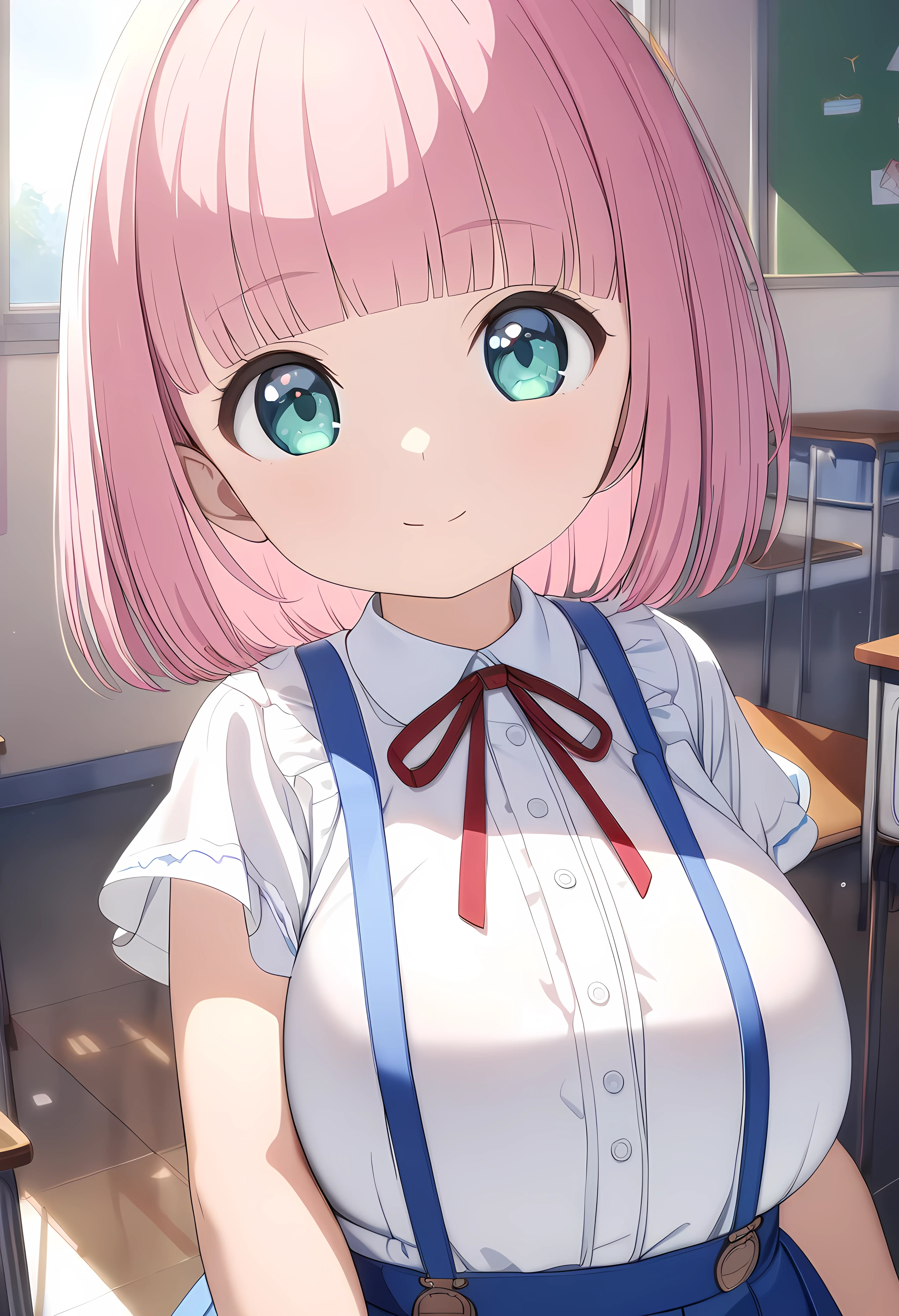 ultra-detailed, (1 person, , Petite body, , loli:1.4), ( white blouse, blue suspender skirt, red chest ribbon :1.3), (cute light green eyes , , with young face, innocent smile, Beautiful light blue eyes:1.2), (blunt bangs, bob hair, pink hair:1.1), ( very big breasts:1.3), School, classroom, cowboy shot, (8k, best quality, masterpiece, clear, ultra high res, super detail, accurate, high details, highres icon,,Detailed face)