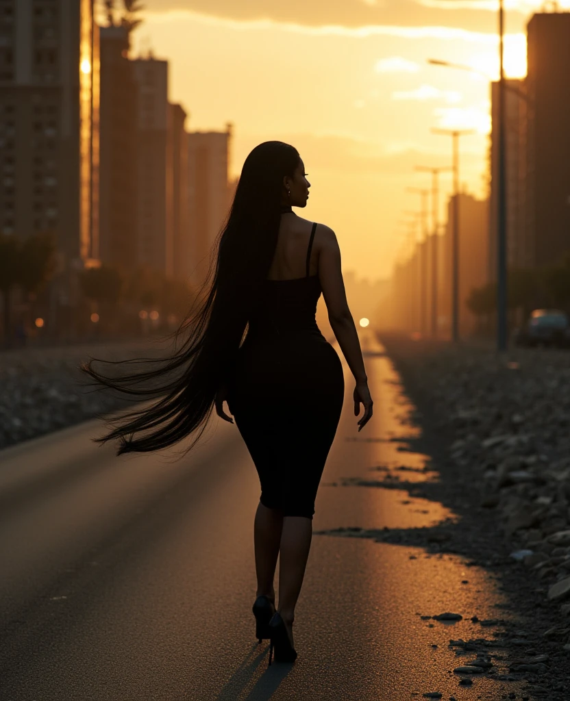 A cinematic photo of (Nicki Minaj) with long black hair wearing a black high-neck dress, as she strides confidently through a desolate, dark post-apocalyptic cityscape, capturing the stark juxtaposition of beauty and decay, with the model's flawless skin glowing like a beacon of hope amidst the ravaged urban landscape. photographed with a shallow depth of field to blur the bleak surroundings, emphasizing her striking, rebellious pose and hourglass body. full body, golden hour. She's looking back at the camera. Back view.