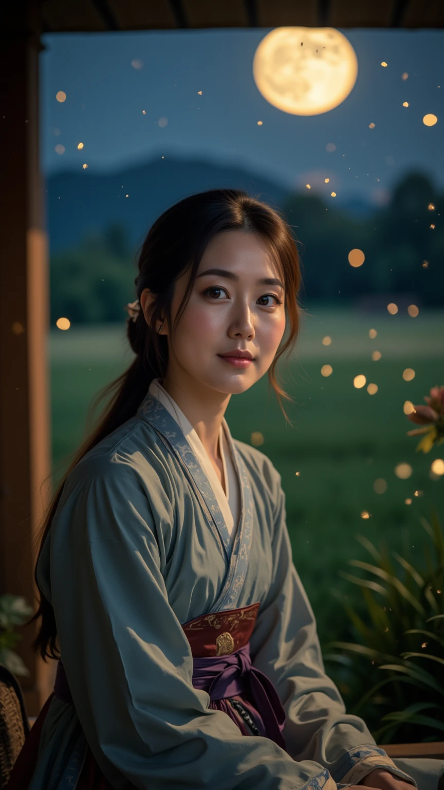 a middle-aged woman in a rural night scene, detailed portrait, beautiful detailed eyes, beautiful detailed lips, extremely detailed face and features, long eyelashes, serene expression, traditional korean hanbok dress, sitting on a porch, warm lighting, glowing moon, fireflies, rice fields, detailed landscape, (best quality,4k,8k,highres,masterpiece:1.2),ultra-detailed,(realistic,photorealistic,photo-realistic:1.37),cinematic,dramatic lighting,muted colors,serene,tranquil