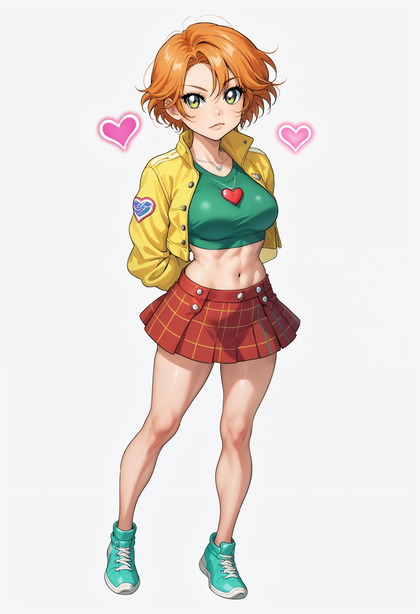 1girl, short hair, orange hair, green shirt, skin tight crop top, form fitting, bare midriff, heart symbol, plaid skirt, red skirt, tied jacket, yellow jacket, mini skirt, standing, necklace, looking at viewer, sporty, athletic build, confident pose,2D, cel shading, simple background, white background, anime style, video game art, sharp lines, vibrant colors, retro style,big breaats, breasts outlines,RUKIA Style, relaxed pose,arms behind back,chibi,full body