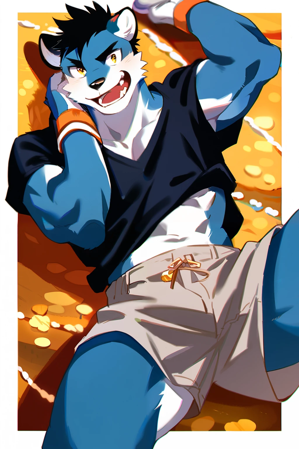 score_9, score_8_up, score_7_up, male, furry, high quality, hires, anthro, teenager, blue fur, white fur, black hair, short hair, yellow eyes, wide black eyebrows, an excited expression, humanoid feet, slim body, prominent v-line, prominent abs, prominent legs, prominent forearm, prominent knees, white background, treasure trail, furry legs, headphones, shorts, black shirt, showing off, in various sexy poses