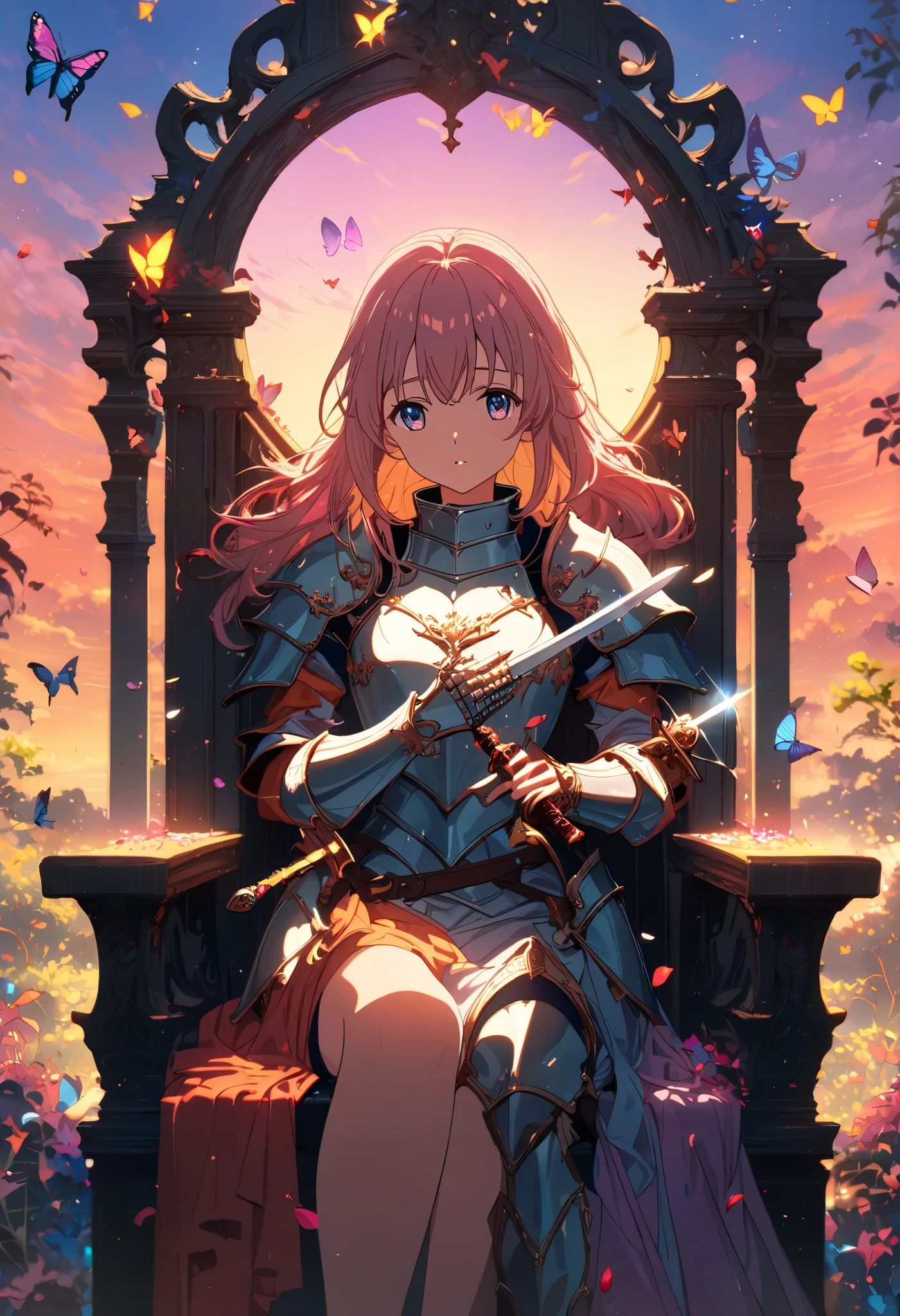 ( girl ), anime,  curvy hair ,  beautiful eyes , ((plate armor )), ((sword in hand)), Shine,  sits on a throne ,  petals fall all over the picture,  beautiful colors , (Butterflies), bright colors, background overlooking the sunset , warm colors, (( masterpiece fails)), 8 k,  better quality ,  intricate details,  maximum details, 