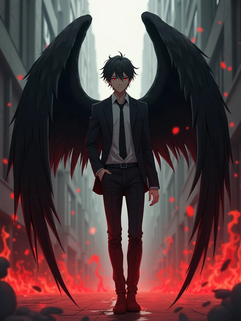 anime image of a man with wings and a tie standing on a staircase, anime wallaper, with hellish devil wings, 4 k manga wallpaper, inspired by Okumura Masanobu, lucifer, 4k anime wallpaper, winged boy, with red glowing eyes, demon boy, handsome guy in demon slayer art, beautiful male god of death, badass anime 8 k