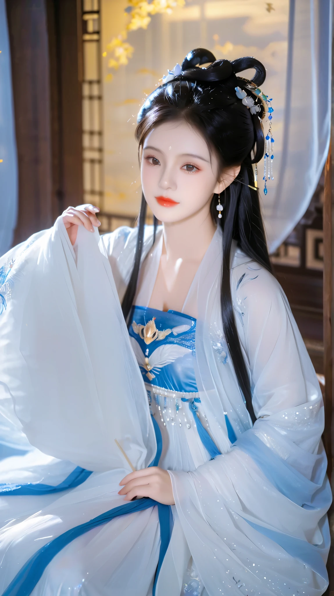  Best Quality  at best, 超高分辨率, ((( 1 girl))),(Long black hair), Game Fairy, Old Palace , Blue and white hanfu , ,  Elegant Light Yarn , jewelry, (focus), ((( colorful))), particle effects , masterpiece,  Best Quality  at best, Beautiful painting, meticulous,   Very detailed  , (masterpiece,  Best Quality  at best）  CG Uniform 8K Wallpaper，masterpiece， Best Quality ， super detailed）,  Ultra HD，Clear face