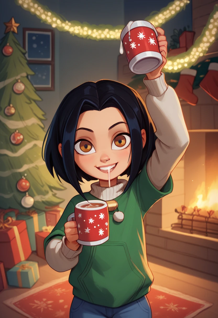 jadechan, 1girl, black hair, brown eyes, solo, short hair, long sleeves, christmas sweater,, smile, cozy pants, cozy fireplace in the background, christmas decor, decorated christmas tree backdrop, festive lights, indoors, looking at viewer, upper body, portrait, one arm up, holding a mug, drinking a cup of what decievingly looks like eggnog but is actually semen/cum. cum dripping from her mouth and nose,