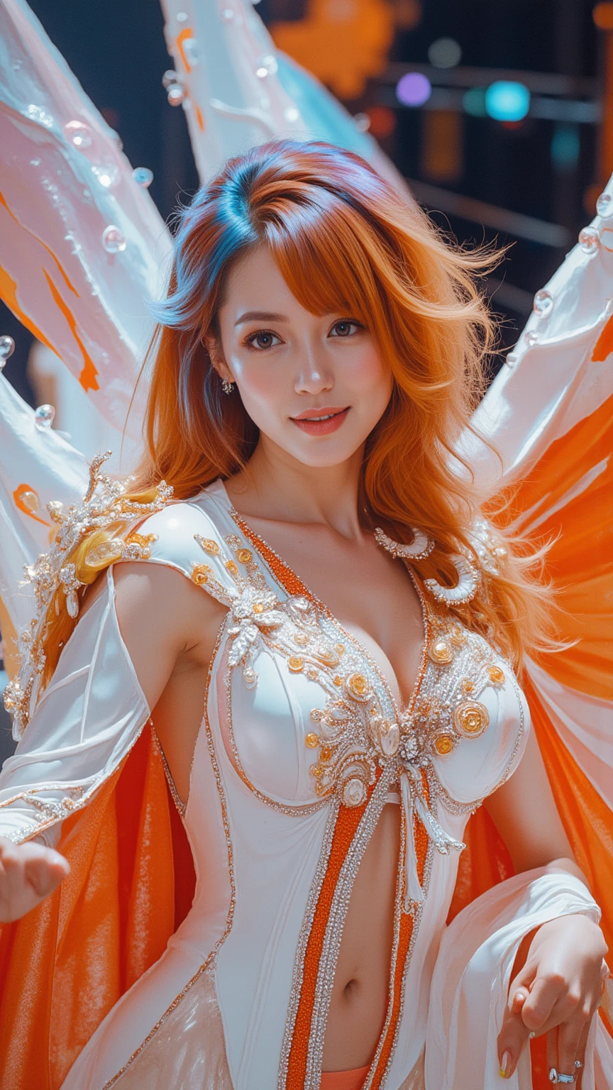 Create an ultra-cute and enchanting depiction of a Phoenix Woman, transformed into the ultimate moe character. She stands at around 160 cm, with a  and well-proportioned body. Her figure is slender yet curvy, exuding youthful charm and grace. Her large, fluffy wings are adorned with feathers that blaze in vibrant hues of red, orange, and gold, with occasional hints of pink and purple. Her eyes are large and sparkling, with a captivating golden hue that reflects warmth and kindness. Her hair flows like molten gold, cascading down her back in waves of shimmering red, orange, and gold. Her skin is warm and radiant, with a golden undertone that glows softly, appearing almost translucent. She wears a cute outfit that blends traditional phoenix motifs with modern moe fashion, including a short skirt and a fitted top with frills and bows. Her long, elegant tail is made of fiery feathers that flicker and dance with every movement, leaving a trail of sparks. She has a playful and cheerful demeanor, always smiling and spreading joy.