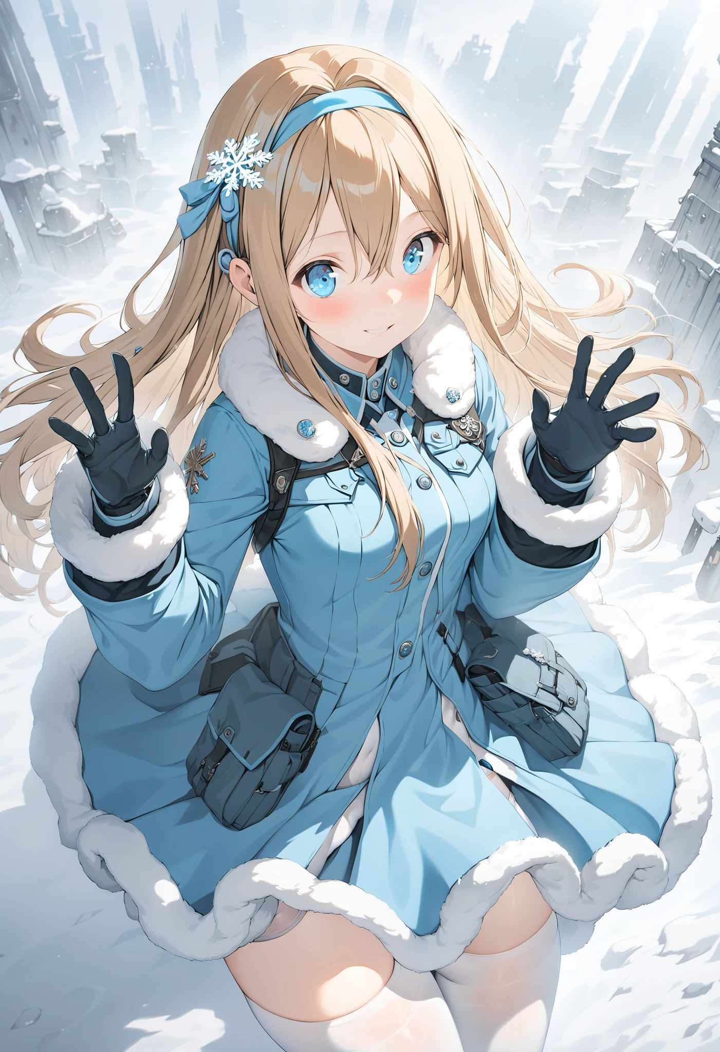 suomi, long hair, blue eyes, hairband, blonde hair, snowflake hair ornament, gloves, suomi (girls' frontline), fur trim, blue hairband, hair between eyes, jacket, white thighhighs, boots, long sleeves,panty shot,white panty,cameltoe,masterpiece,Noise Reduction,perfect anatomy,high resolution, ultra-detailed, ultra-detailed face,game cg,dutch angle ,beautiful detailed eyes,visualart,five fingers, perfect hands, perfect lighting,