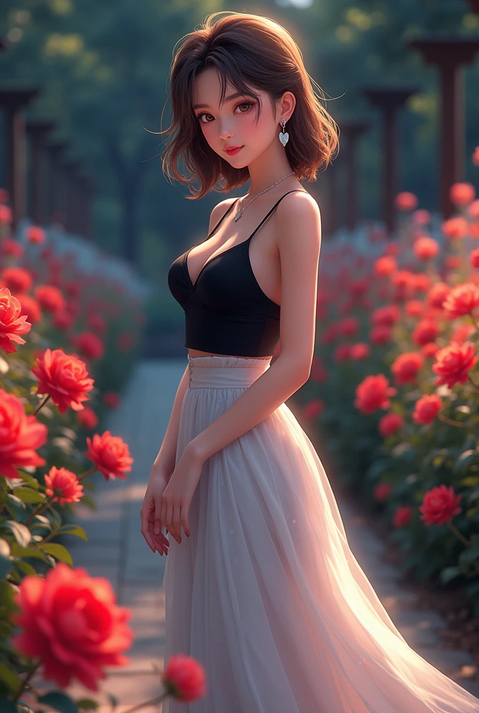 ( top quality 、 8k 、masterpiece、 High Definition )、Anime young and lovely lady 、 plump breasts 、 and her clavicles are smooth and inconspicuous 、 slender beauty 、( medium brown hair 、 My hair is fluttering in the wind、flow backwards)、  full body shot  、 ( beautiful face, beautiful eyes,Beautiful Nose,Pretty lips)、( Stephanie Hoove earrings 、 silver heart necklace )、((Black tops、 white and monochrome dot long skirt(Ankle Length))、 Her mouth opens slightly 、A smile comes to mind.、A lovely pose、 outdoors on the street at night、(Flowers blooming in a Western-style garden々)、 colorful flowers、 bright colors 、Red stands out、 staring at the camera、  Professional Lighting 、  PROFESSIONAL PHOTOGRAPHER  、 CG in detail、