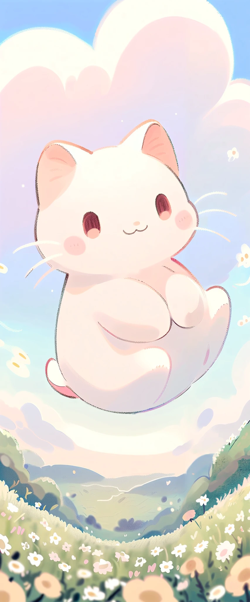 cartoon cat and kittens In a field of flowers with a sky background, Animated visual of cute cats, Kawaii cat, Cute cat, Lovely artwork, sitting In a field of flowers, In a field of flowers, Cute anime, Soft anime illustration, by Eizan This is a gift, Illustration of two cats, Anime cat, background is heavenly,Blue sky and white clouds,landscape ,Scottish folding cat. lakeside, wildflowers, There are houses in the distance. Dreamy