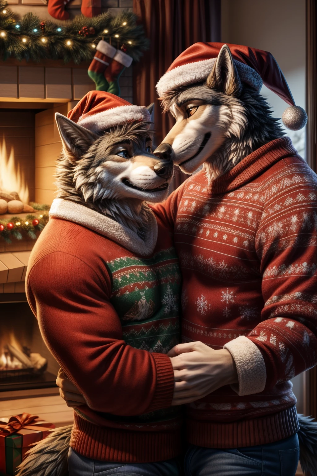 Two handsome male wolf boyfriends celebrating Christmas together in their home, male couple, same sex, male, couple, happy couple, Christmas, Christmas hats, sants hats, holiday season, gay couple, ugly christmas sweaters, detailed, detailed lighting, detailed shading, detailed features, detailed fur, fur, wolf, canine, pair, smiling, affection, affectionate couple, clothed, SFW, cute couple, male wolves