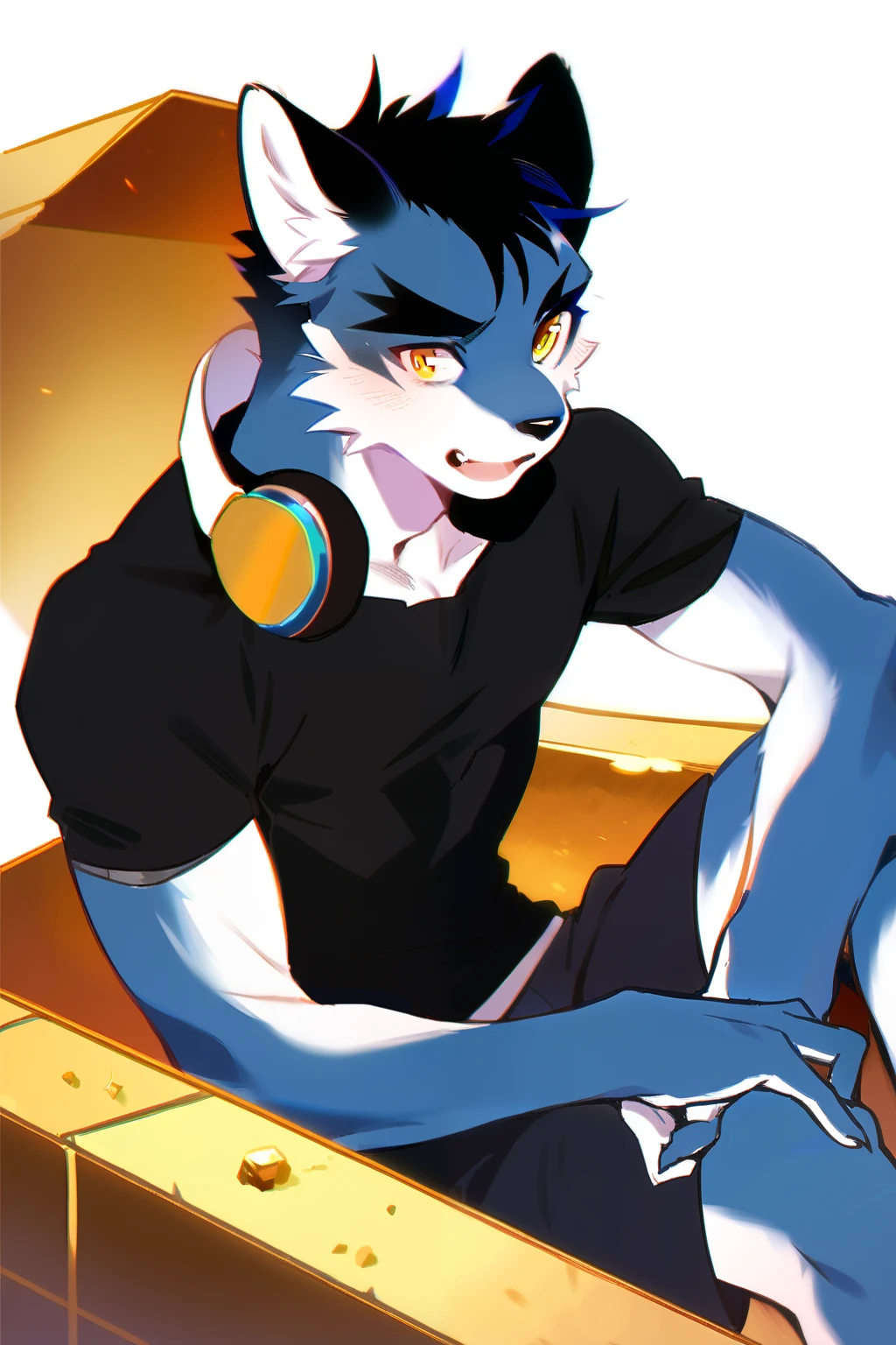 score_9, score_8_up, score_7_up, male, furry, high quality, hires, anthro, teenager, blue fur, white fur, black hair, short hair, yellow eyes, wide black eyebrows, an excited expression, humanoid feet, slim body, prominent v-line, prominent abs, prominent legs, prominent forearm, prominent knees, white background, treasure trail, furry legs, headphones, shorts, black shirt, showing off, in various sexy poses