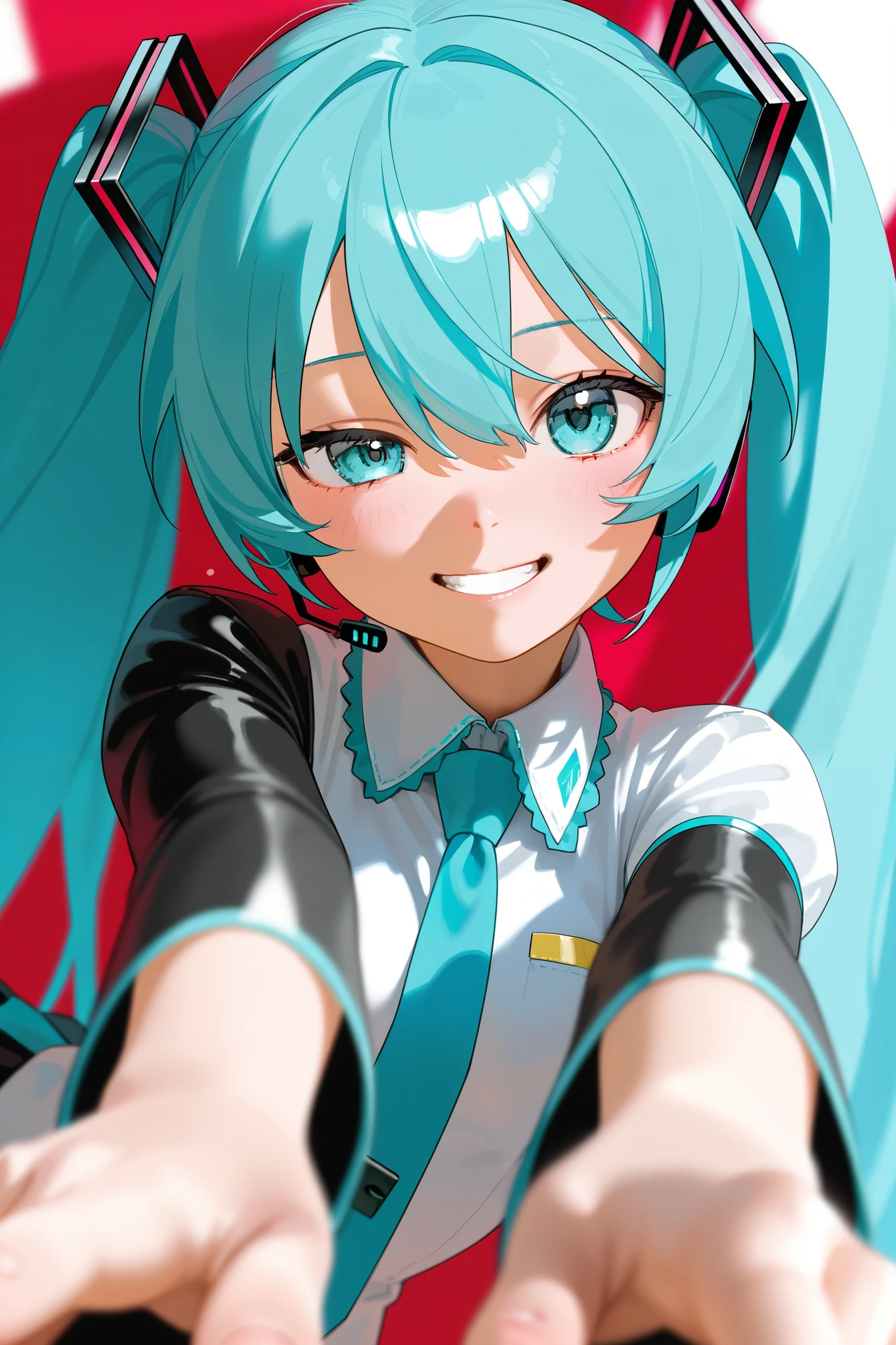  photorealistic 、Chibi Miku （Thumb up your right hand while doing a comical pose、Close your left eye）