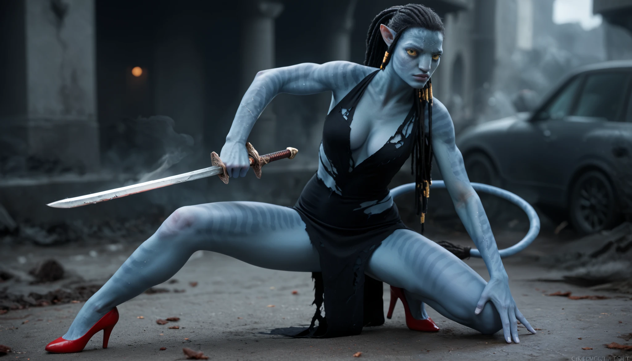 score_9_up, score_8_up, BREAK, 1girl, solo, Na'vi, black hair, long hair, high ponytail, dreadlocks, yellow eyes, pointy ears, colored skin, blue skin, depth of field, realistic, cinematic lighting, sweeping tail, sexy pose, seductive, flirting, looking at viewer, sexy clothes, cleavage, thigh, short skirt, sexy, red high heels, torn elegant glittering black dress with white linings, elegant gown, torn luxury gown, holding long sword, cinematic action pose, serious expression, focused, badass diva, front view, destroyed city, smoke, warzone