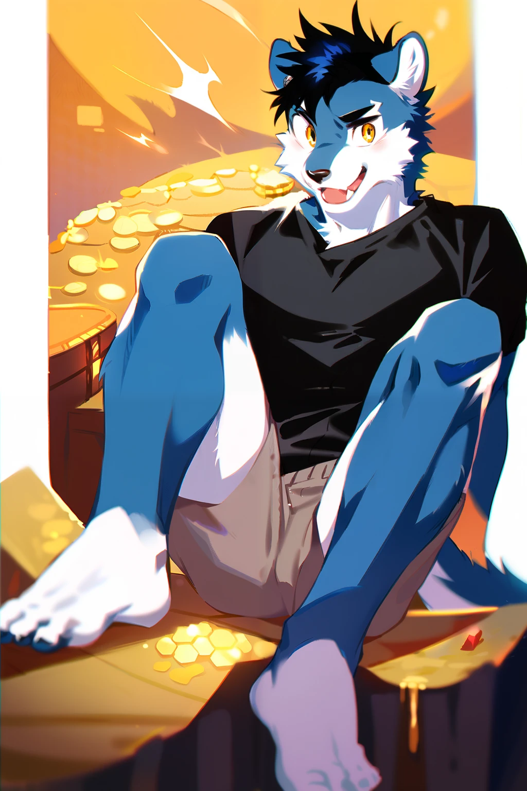 score_9, score_8_up, score_7_up, male, furry, high quality, hires, anthro, teenager, blue fur, white fur, black hair, short hair, yellow eyes, wide black eyebrows, an excited expression, humanoid feet, slim body, prominent v-line, prominent abs, prominent legs, prominent forearm, prominent knees, white background, treasure trail, furry legs, headphones, shorts, black shirt, showing off, in various sexy poses